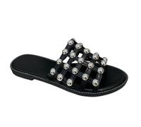 LADIES OPEN TOE SLIDERS WOMENS FLAT STUDDED CAGED SLIDES SUMMER BLACK SANDALS SHOES (Black, UK Footwear Size System, Adult, Women, Numeric, Medium, 5)