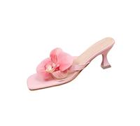 Ladies Orchid Flower Kitten Heel Thong Sandals, Summer Stiletto Heel Slides for Women Flower Square Open Toe Party Sandals Toe Post Elegant Shoes Cushioned Insole Heeled Flip Flops Mules Pink
