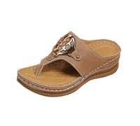 Ladies Ornate Wedge Flip Flops Platform Thong Sandals Comfortable Lightweight Summer Casual Shoes Indoor Outdoor Beach Footwear with Metal Decor Quilted Insole for Daily wear Brown
