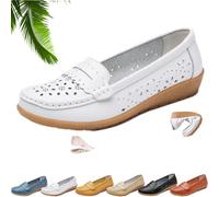 Ladies Orthopedic Loafers in Breathable Leather Soft Sole Wide Fit Leather Loafers Classic Slip-on Moccasins for Driving Work Office Nurse (White-Hollow,7.5)