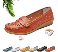 Ladies Orthopedic Loafers in Breathable Leather Soft Sole Wide Fit Leather Loafers Classic Slip-on Moccasins for Driving Work Office Nurse (Orange-Hollow,3)