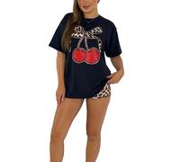 Ladies Oversized Baggy Crew Neck Cherry Printed Tshirt Tops Womens Short Sleeve Leopard Bow Cherri Graphic Print Tees Shirts Top