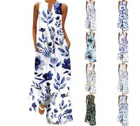 Ladies Oversized Boho Printed Long Dresses with Pocket Fashion Chiffon Summer V Neck Sleeveless Maxi Dress Casual Vintage Loose Fit Beach Tank Dresses Elegant Going Out Party Flowy Hem Dress B Blue