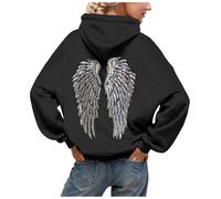 Ladies Oversized Hoodies Pullover Women's Y2K Sequin Angel Wings Cardigan Oversized Hoodie Sparkly Sequin Wing Casual Pullover Hooded Sweatshirt for Women (M) B-black