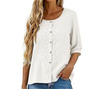 Ladies Oversized T Shirts Boho Embroidered Tops Cotton Linen 3/4 Sleeve Button Down Shirts Summer Casual Peasant Style Floral Jacquard Blouse Loose Fit Holiday Beach Hippie Clothes White