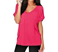 Ladies Oversized Turn Up Sleeve V Neck Tunic Top Womens Summer Fashion Short Sleeve Baggy Top Shirt Cerise UK 8-10