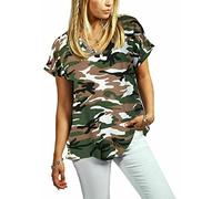Ladies Oversized Turn Up Sleeve V Neck Tunic Top Womens Summer Fashion Short Sleeve Baggy Top Shirt Green Camouflage UK 16-18