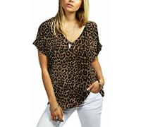 Ladies Oversized Turn Up Sleeve V Neck Tunic Top Womens Summer Fashion Short Sleeve Baggy Top Shirt Brown Leopard UK 16-18