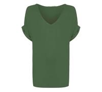 Ladies Oversized Turn Up Sleeve V Neck Tunic Top Womens Summer Fashion Short Sleeve Baggy Top Shirt Khaki UK 8-10