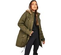 Ladies Parka Jacket Lightweight Padded Military Fishtail Coat - Faux Fur Hood, Plus Size, Warm Winter Women Coat, Adjustable Waist, Multi-Pocket Cotton Twill Khaki 10