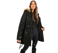 Ladies Parka Jacket Lightweight Padded Military Fishtail Coat - Faux Fur Hood, Plus Size, Warm Winter Women Coat, Adjustable Waist, Multi-Pocket Cotton Twill Black 8
