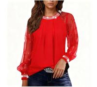 Ladies Party Tops Sheer Mesh Long Sleeve Crew Neck Blouses Sequin Glitter Top Ladies Sparkly Tunic Tops Elegant Evening Top for Women Thin Loose Casual Tees Party Tshirts Wedding Shirts Red