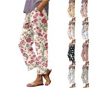 Ladies Patterned Trousers Elasticated Waist, Straight Leg Trouser Flowy Ankle Pants Floral Print Stretch High Waist Pants Summer Trousers Lightweight Loose Fit Joggers Pant with Pockets Hot Pink