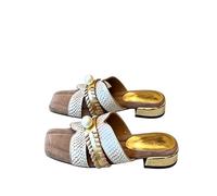 Ladies Pearl Ornament Square Toe Patchwork Mules Low Block Heel Slip On Slides,gold,35