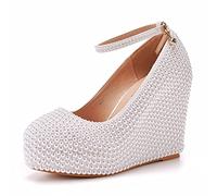 Ladies Pearl Wedge -Shaped Wedding Shoes, Round Bride High Heels, Waterproof Platform Round Head Party Dress Shoes,White,4 UK