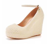 Ladies Pearl Wedge -Shaped Wedding Shoes, Round Bride High Heels, Waterproof Platform Round Head Party Dress Shoes,Beige,4 UK