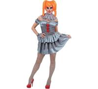 Smiffys IT Chapter Two Pennywise Ladies Costume for Adults, Mini Dress with Sleeves, Neck Ruffle, and Tights, Grey, Officially Licensed, Ideal for Halloween and Matching Fancy Dress Parties