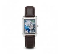Ladies' Personalized Rectangular Wristwatch, with Color Photo Printed dial, Featuring Diamond Marks, Engraved Words on The Cover, Bamboo-Patterned Leather Strap,Suitable for Giving to Wives,。