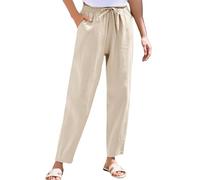 Ladies Petite Cream Trousers Straight Leg - Elasticated Waist Linen Trousers Womens Plus Size Full Elasticated Waist Pants With Pockets Drawstring Pull On Bottoms Lightweight Cigarette Lounge Bottom