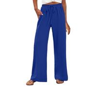 Ladies Petite Drawstring Linen Trousers, Wide Leg Pants High Waist Trouser Drawstring Trousers Loose Long Casual Trouser Elasticated Waist Pant Full Length Baggy Pants with Side Pockets Blue