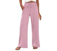 Ladies Petite Drawstring Linen Trousers, Wide Leg Pants High Waist Trouser Drawstring Trousers Loose Long Casual Trouser Elasticated Waist Pant Full Length Baggy Pants with Side Pockets Pink