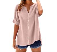 Ladies Pink Shirts Blouses Womens Tops Button Down Cotton Linen Baggy Shirts Short Sleeve Roll-up Loose Fit Casual Blouses Buttoned for Beach Party Plus Size 02 Pink M