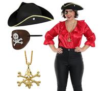 Ladies Pirate Costume Accessory Set - Pirate Hat, Eyepatch & Necklace - Women’s Fancy Dress Outfit for Halloween & Parties