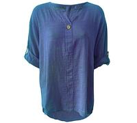 Ladies Plain 3/4 Turn Up Sleeve Italian Button Blouse Dip Hem Top Women’s Round Neck One Button Midi Shirt Summer Fashion Lagenlook Hi lo T Shirt Baggy Top (Navy, UK 12)