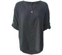 Ladies Plain 3/4 Turn Up Sleeve Italian Button Blouse Dip Hem Top Women’s Round Neck One Button Midi Shirt Summer Fashion Lagenlook Hi lo T Shirt Baggy Top (Black, UK 16)