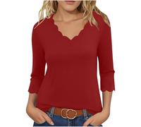 Ladies Plain Stretchy Tops UK Cotton Linen V Collar 3/4 Sleeves Shirts Solid Color Pullover Lightweight Comfy Regular Fit Clothes Going Out Office Work Tunic Blouses Tshirts 2025 Wine