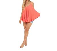 Ladies Plain V Neck Cami Swing Strappy Vest Top Womens Pleated Loose Fit Sleeveless Vest Top Blouse Coral