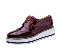 Ladies Platform Shoes Classic Brogue Patent Leather Breathable Anti-Slip Low Top Lace-Up Fashion Casual Shoes