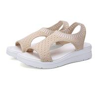 Ladies Platform Wedge Sandals T-bar Peep Toe Woven Espadrilles Comfy Breathable Slip On Travel Walk Shoes Beige 9 UK
