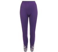 Ladies Plus Size Laser Cut Sequins Pants Beaded Flower Petal Leggings Women's Summer Fashion Elasticated Waist Slim Fit Stretchy Breathable Trousers Purple UK 16-18