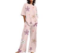 Ladies Plus Size Pyjamas 26/28 Long Sleeve Pyjamas Women Suitable Summer O Neck Loose Short Sleeve Floral Print Top Shirt With Pants Large Size 2 Set Woman Pyjamas (Pink, XXXXXL)