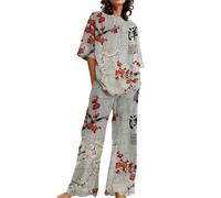 Ladies Plus Size Pyjamas with Pockets 2 Piece Lounge Set for Women Loungewear Pyjamas Set Short Sleeve Floral Print Top Shirt with Pants Pjs Size 12-14 Lounge Wear Wide Leg Loungewear Sets Grey