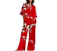 Ladies Plus Size Pyjamas with Pockets 2 Piece Lounge Set for Women Loungewear Pyjamas Set Short Sleeve Floral Print Top Shirt with Pants Pjs Size 12-14 Lounge Wear Wide Leg Loungewear Sets Red