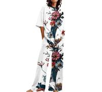 Ladies Plus Size Pyjamas with Pockets 2 Piece Lounge Set for Women Loungewear Pyjamas Set Short Sleeve Floral Print Top Shirt with Pants Pjs Size 12-14 Lounge Wear Wide Leg Loungewear Sets White