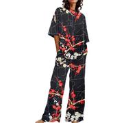 Ladies Plus Size Pyjamas with Pockets 2 Piece Lounge Set for Women Loungewear Pyjamas Set Short Sleeve Floral Print Top Shirt with Pants Pjs Size 12-14 Lounge Wear Wide Leg Loungewear Sets Black