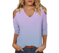Ladies Plus Size Summer Tops 3/4 Length Sleeve Womens Tops 2025 Spring Neck Casual Print T Shirts Three Quarter Length Womens Tee Shirts Women Cross Over Linen Purple