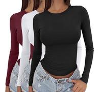 Ladies Plus Size Summer Tops 3 Pieces Women Y2k Basic Long Sleeve Top Slim Baby Tee Round Neck Dupe Crop Layering Slim Top Blouse Aesthetic Womens Cross Over Tops Womens Christmas Size 22