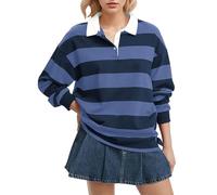 Ladies Plus Size Summer Tops Women's Oversized Striped Sweatshirt Long Sleeve Rugby Collared Pullover Tops Loose Fit Shirt Women S Shirts Casual womens cross over christmas shirt for women