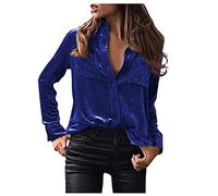 Ladies Plus Size Summer Tops Women's Winter Fashion Top Blouse Velvet Long Sleeve Solid Elegant Shirt Pocket Casual Shirt Tops Womens Plus Size Womens Cross Over Going Out for Women UK Navy