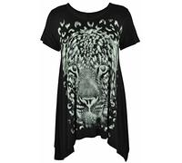 Ladies Plus Size Uneven Hem Short Sleeve Tiger Face Print Womens Stretch Top Black Size 24 - 26