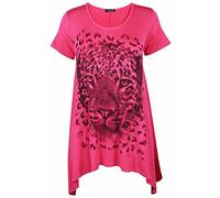 Ladies Plus Size Uneven Hem Short Sleeve Tiger Face Print Womens Stretch Top Cerise Size 20