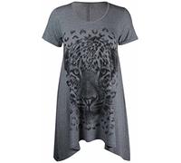 Ladies Plus Size Uneven Hem Short Sleeve Tiger Face Print Womens Stretch Top Light Grey Size 26 - 28