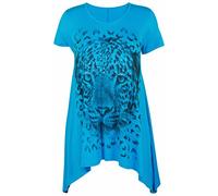 Ladies Plus Size Uneven Hem Short Sleeve Tiger Face Print Womens Stretch Top Turquoise Size 16