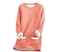 Ladies Plush Jumpers Womens Tops Crewneck Sherpa Fleece Lined Thick Sweatshirts Fall Winter Warm Fuzzy Long Sleeve Shirts Blouse Thermal Underwear Loungewear with Pocket