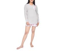LADIES POCKET L/S TEE/CHECK SHORT SET M GREY/PINK