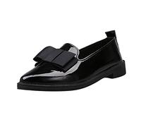 Ladies Pointed Toe Oxfords Casual Patent Loafers with Front Butterfly-Knot Elegant Low Heels Black Leather Shoes Classic Patent Moccasins for Uniform Work Office